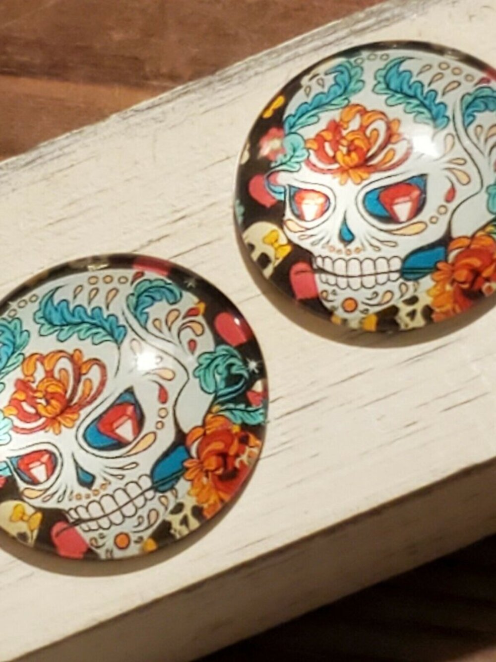 Lot Day of the Dead Sugar Skull Style #2 Glass Round Cabochon 25mm 2 pcs